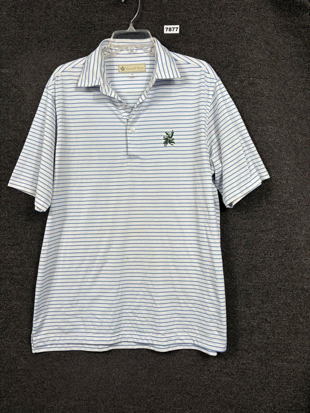 Donald Ross Polo Shirt Mens Medium White Blue Stripe Golf Performance Logo
